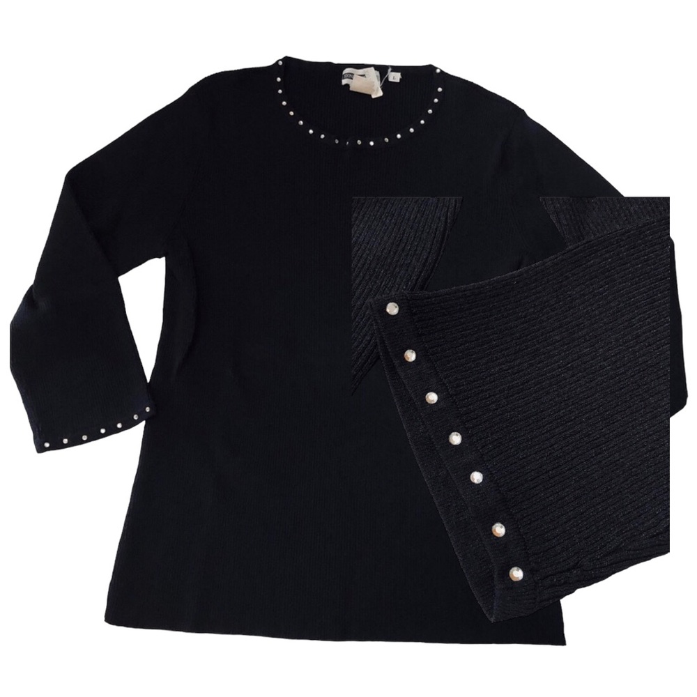 Sz L Rhinestone Embellished Black Knit Sweater